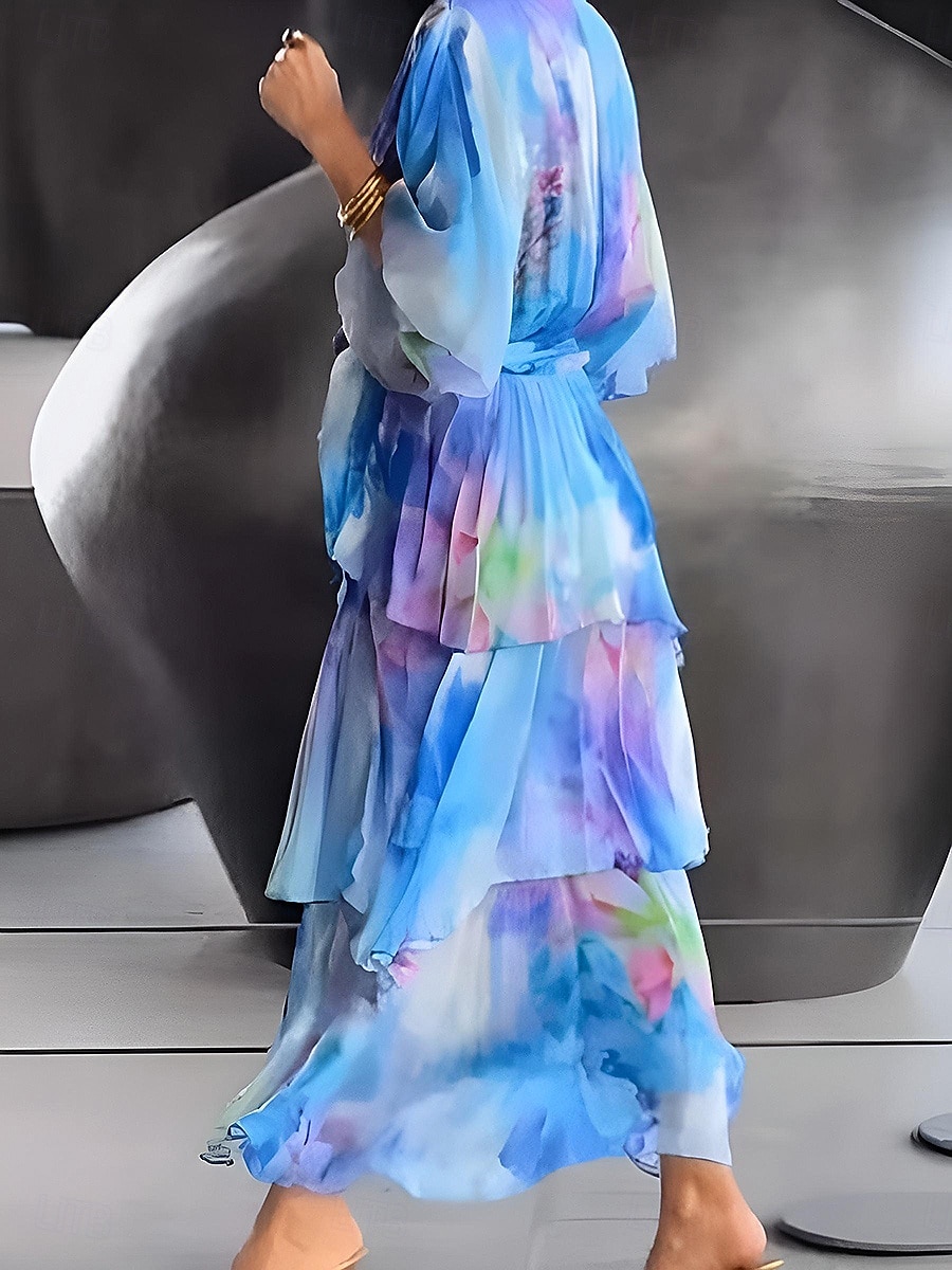 Damen Midikleid Chiffonkleid Stufenkleid Druckkleid Mode Modern Urlaub Ausgehen Wochenende Normale Passform Abstrakt Kurzarm V Ausschnitt Blau Gelb Purpur Orange Sommer Frühling 2026 - $39.99 –P3