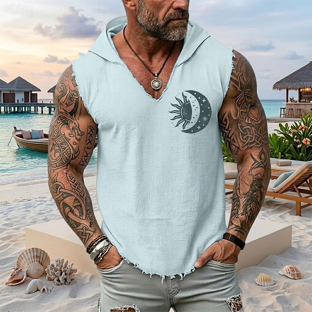 Gilet con cappuccio senza maniche da uomo con stampa "sole luna e eclissi celeste" stile boho mistico vintage costiero, orlo sfrangiato, vestibilità ampia, ideale per l'estate, la spiaggia e le del 2026 a $19.99 –P1