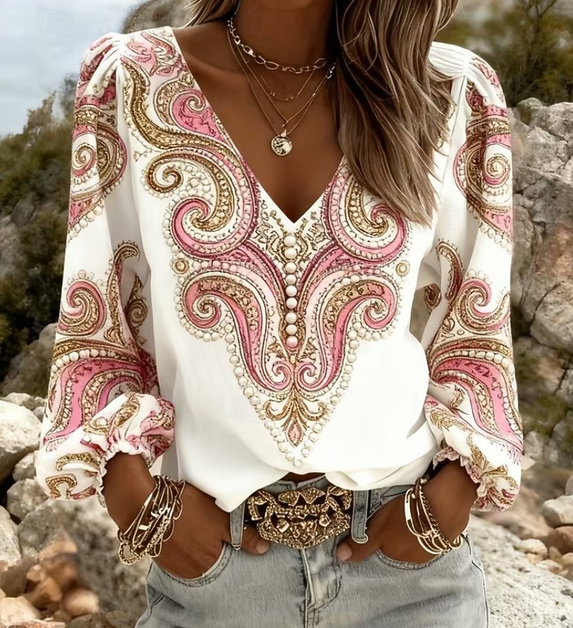 Per donna Camicia Grafico Geometrico Paisley Bohemien Vacanza Vintage Manica Lunga Scollo a V Top Regolari Casuale Quotidiano Ferie Blu / nero Rosa Blu scuro Beige Estate Primavera del 2026 a $32.99 –P3