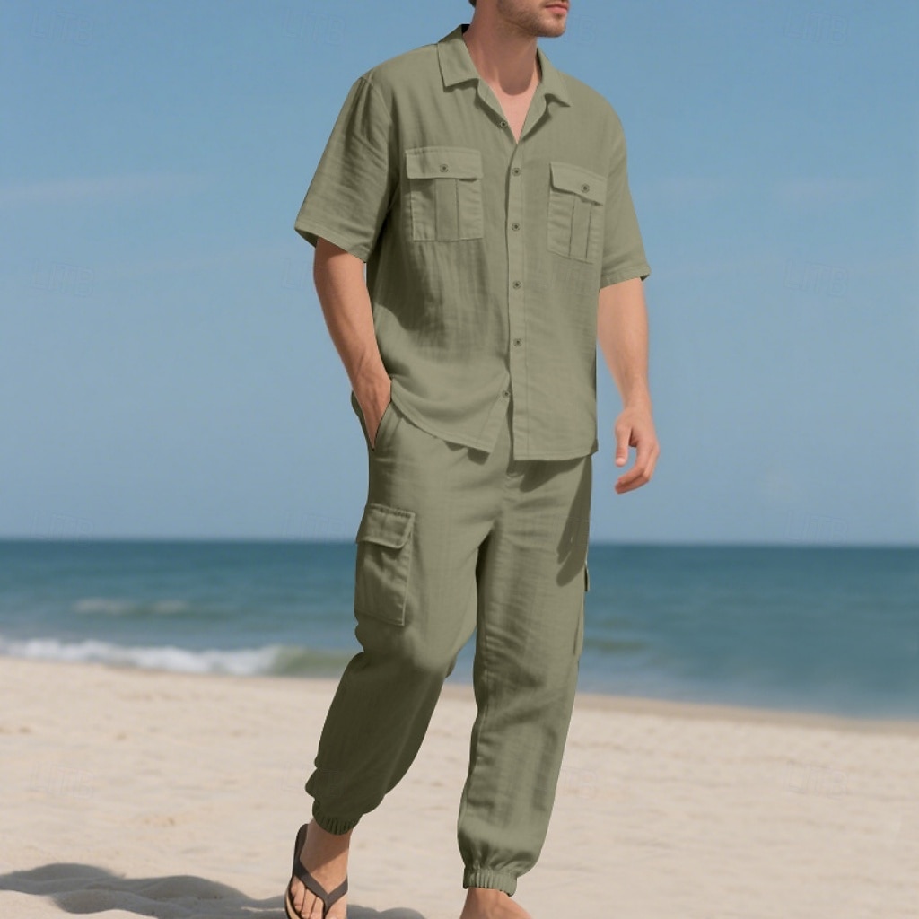 Men's Linen Shirt 2 Piece Shirt Set And Cargo Pants Linen Pants Trousers Set Plain Casual Daily Outdoor Turndown Short Sleeves Summer Fashion Casual Comfortable Clothing Apparel 2026 - $36.99 –P17