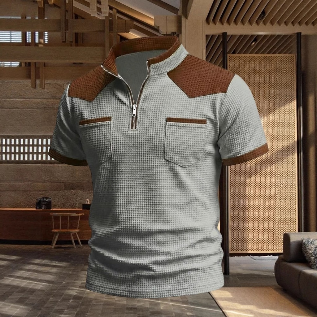 Men's Waffle Polo Shirts Polo Shirts Daily Outdoor Quarter Zip Short Sleeve Fashion Basic Color Block Zipper Lightweight Summer Spring Tailored Fit Black White Navy Blue khaki Gray Waffle Polo Shirts 2026 - $20.99 –P3