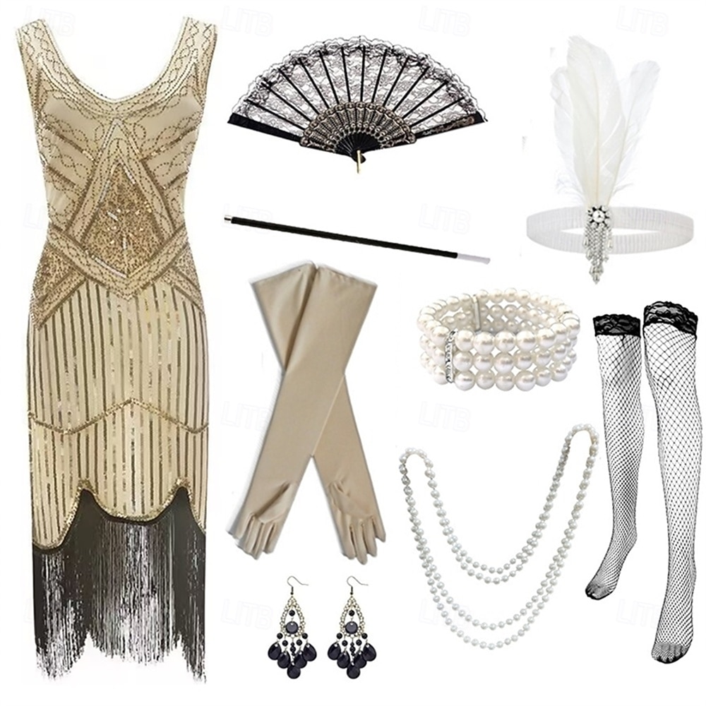 Zabytkowe Ryczące 20s 1920 roku Do kolan Sukienka w stylu lat 20-tych Rękawiczki Nakrycie głowy Bez rękawów Wielki Gatsby Czarleston Cekiny Frędzel Strój na bal maskowy Damskie Halloween Karnawał 2026 - $64.99 –P20