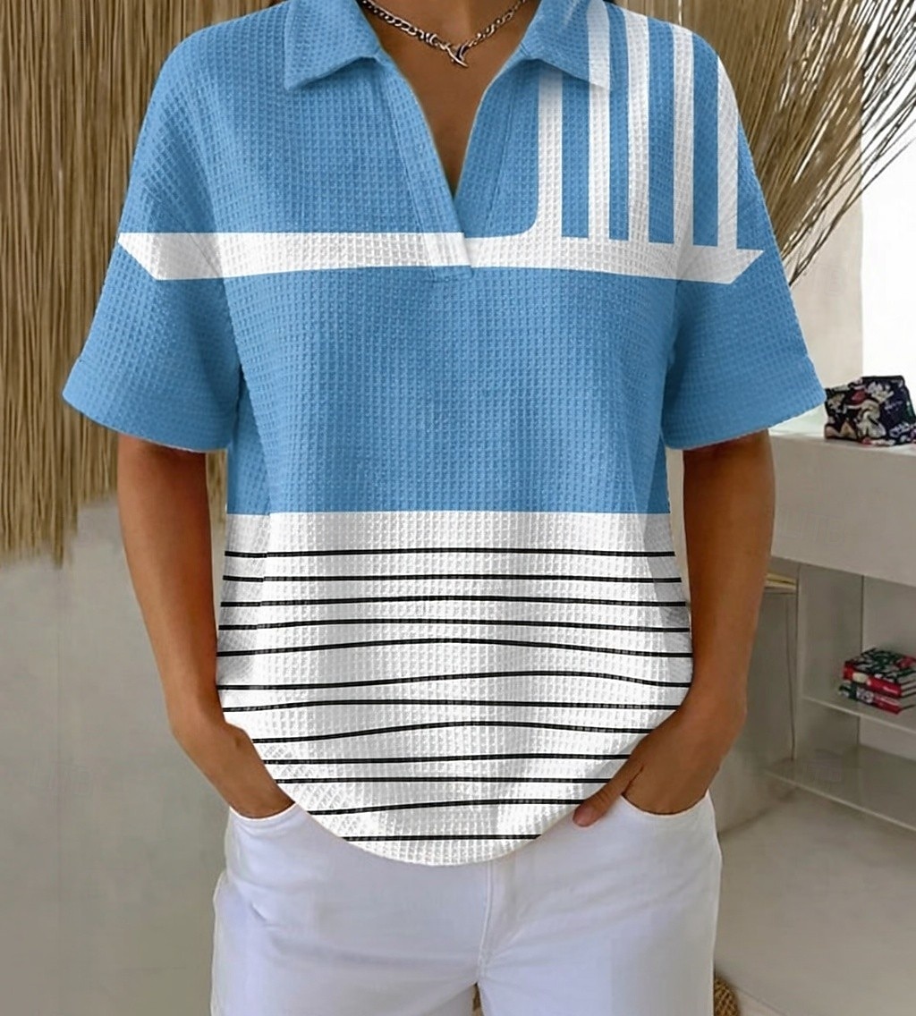 Pentru femei Cămașă Waffle Cămașă casual Topuri de vară Grafic Geometric Epocă Stilat Manșon scurt Topuri obișnuite Zilnic În aer liber Birou Alb și Albastru Curcubeu Vară Primăvară Toamnă 2026 - $24.99 –P1