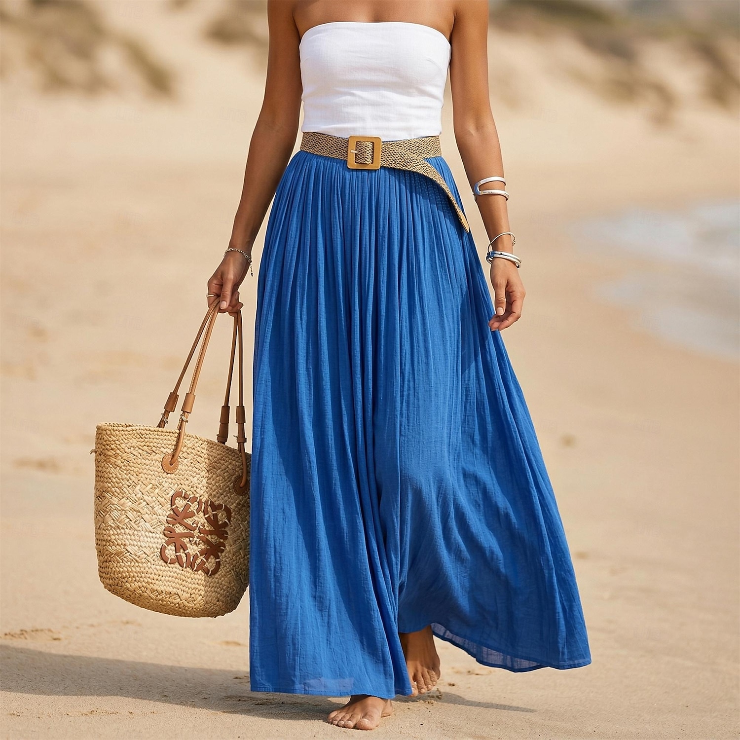 Pentru femei Fustă de vacanță Fustă din bumbac artificial și in Modă Casual Lung vară Maxi Talie Înaltă Fuste Simplu Zdrobit Fluid Strech Zilnic Plajă Albastru piscină Măr Verde Maroniu Galben Lămâie 2026 - $28.99 –P1