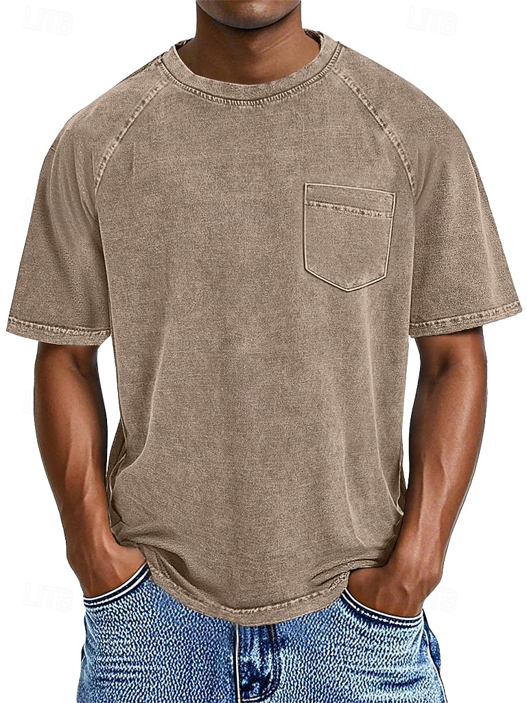 Herren Baumwoll-T-Shirt Gewaschenes Hemd T-Shirt Kurzarm Rundhalsausschnitt Sommer Frühling Ganzjahres Einfarbig Einfach Retro Vintage Betrübt Tasche Stückgefärbt Gewaschen Lässig Urlaub Straße 2026 - $28.99 –P4