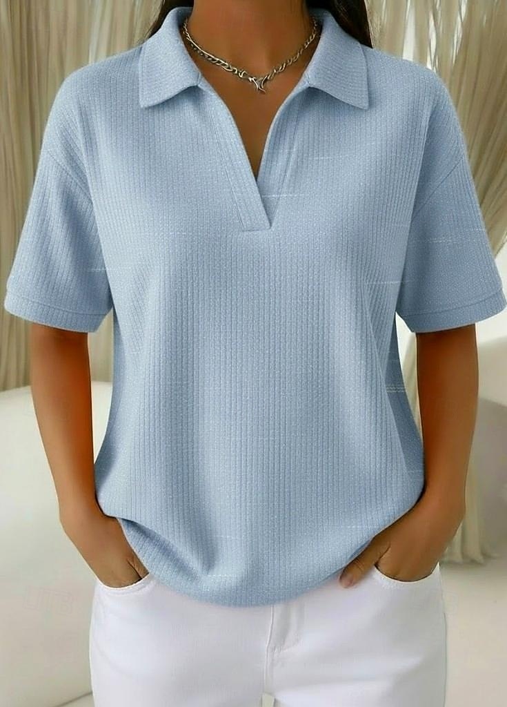 Női 100% pamut oversized bordázott kötött felsők póló Tee ejtett vállú stílusos alkalmi rövid ujjú V nyakú inggallér normál felsők napi szórakozás nyaralás viselet kék fehér narancs zöld világoskék 2026 - $26.99 –P2