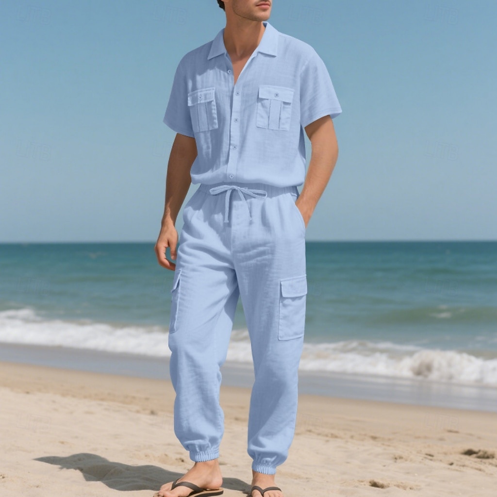 Men's Linen Shirt 2 Piece Shirt Set And Cargo Pants Linen Pants Trousers Set Plain Casual Daily Outdoor Turndown Short Sleeves Summer Fashion Casual Comfortable Clothing Apparel 2026 - $36.99 –P19