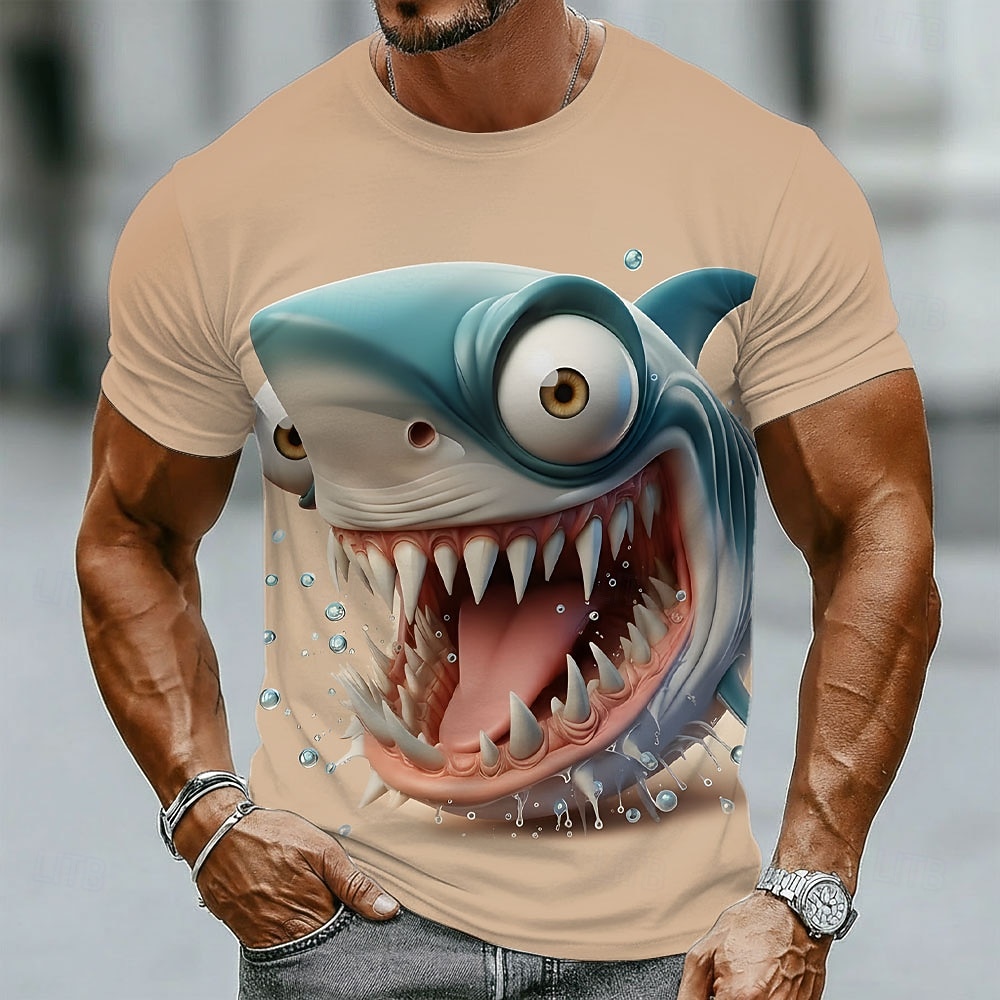 Camiseta masculina com estampa de tubarão bravo de desenho animado, sorrindo, engraçada, peculiar, predador do oceano, gola redonda, manga curta, azul claro, modelagem regular, casual, verão, praia, de 2026 por $19.99 –P4