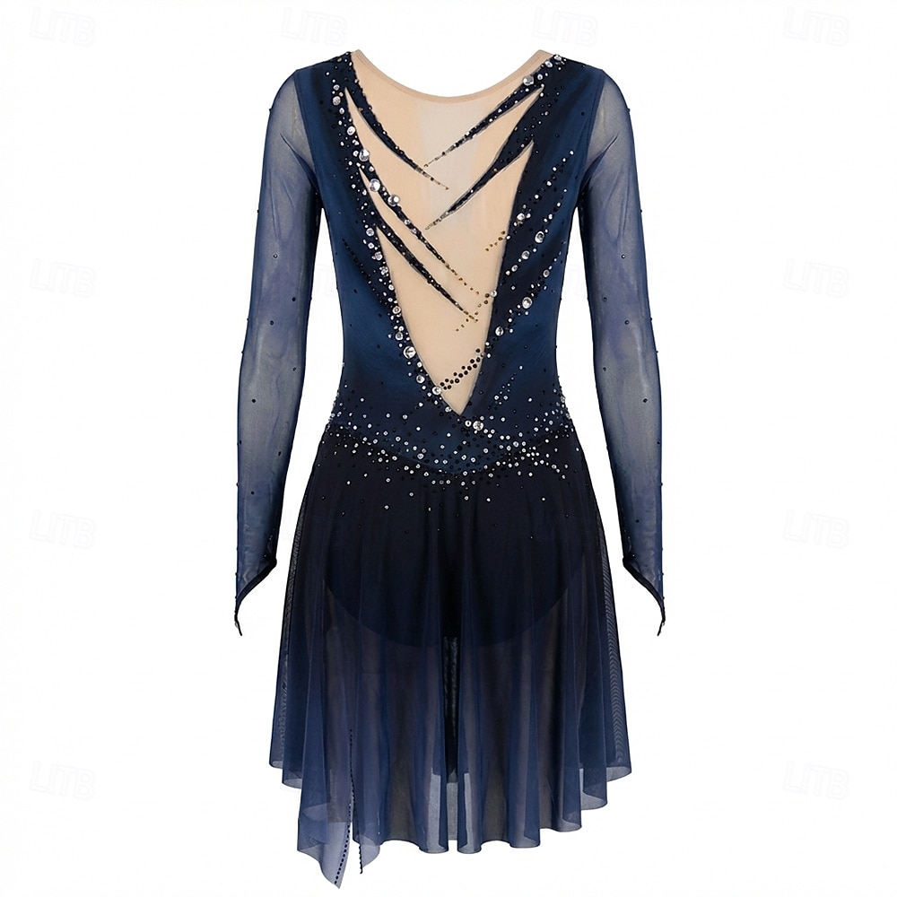 Figure Skating Dress Women's Girls' Ice Skating Dress Dark Blue Thumbhole Halo Dyeing High Elasticity Professional Competition Skating Wear Thermal Warm Crystal / Rhinestone Long Sleeve Ice Skating 2026 - $335.69 –P2