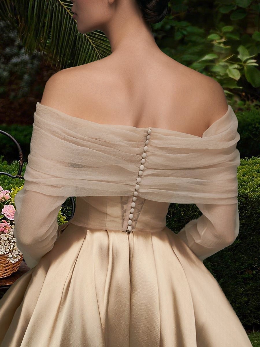 Ballkleid A-Linie Knöchellänge Cocktailkleider Partykleider Elegant Vintage Langarm Schulterfrei Hochzeit Formell Abnehmbar Satin mit Schal 2026 - $149.99 –P2