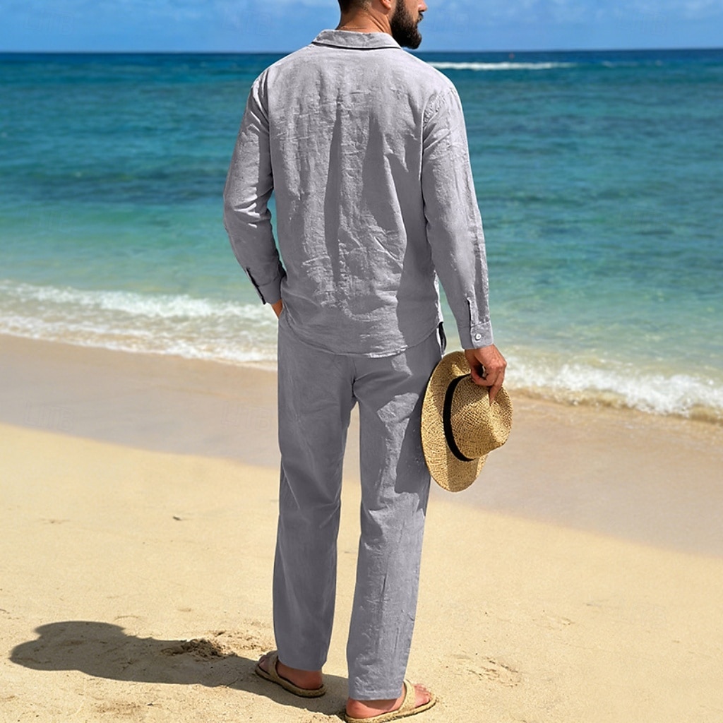 Homme Chemise en lin Deux pièces Ensemble Chemise Et Pantalons en Lin Pantalons Pantalon décontracté Set Uni Quotidien Extérieur Plage Col Rabattu manche longue Été Printemps Mode Occasionnel de 2026 ? $41.99 –P18