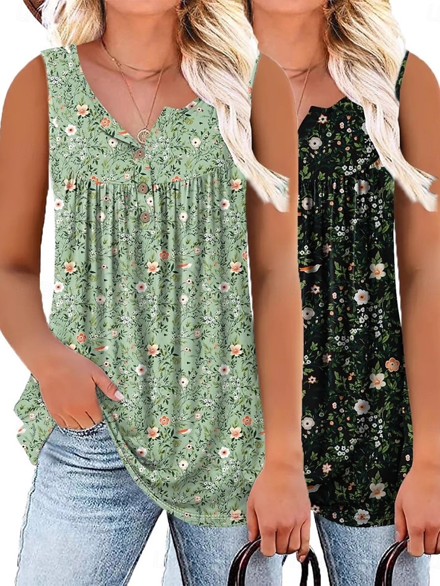 Multi Packs 2pcs Women's V Neck Sleeveless Yellow+Blue Tank Sleeveless Shirt Tee Top Floral Casual Daily Polyester Summer 2026 - $44.99 –P4