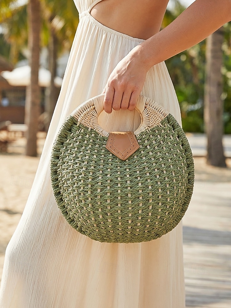 Borsa tote rotonda da donna in paglia, disponibile in diversi colori, ideale per vacanze al mare, viaggi in resort, outfit estivi casual e per un look boho di tutti i giorni. del 2026 a $24.99 –P2