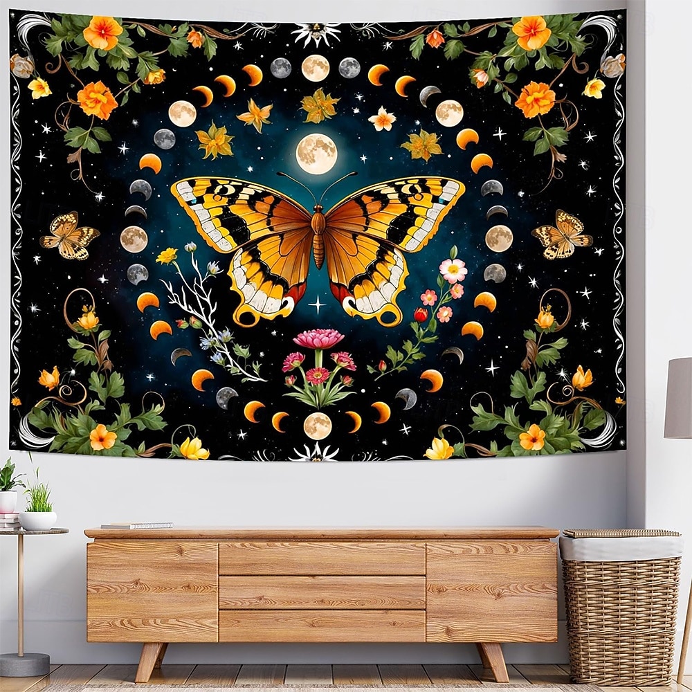Boho mandala wandtapijt met halve maan, sterrenhemel en bloemen, wanddecoratie in verbrand oranje, hippie-psychedelische stijl, grote stoffen poster voor slaapkamer, studentenkamer, woonkamer, yoga en 2026 - $20.99 –P4