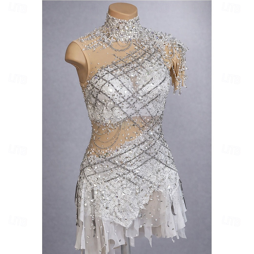Figure Skating Dress Women's Ice Skating Dress White Patchwork Open Back Stretchy Training Competition Skating Wear Classic Crystal / Rhinestone Sleeveless Ice Skating Figure Skating 2026 - $382.19 –P1