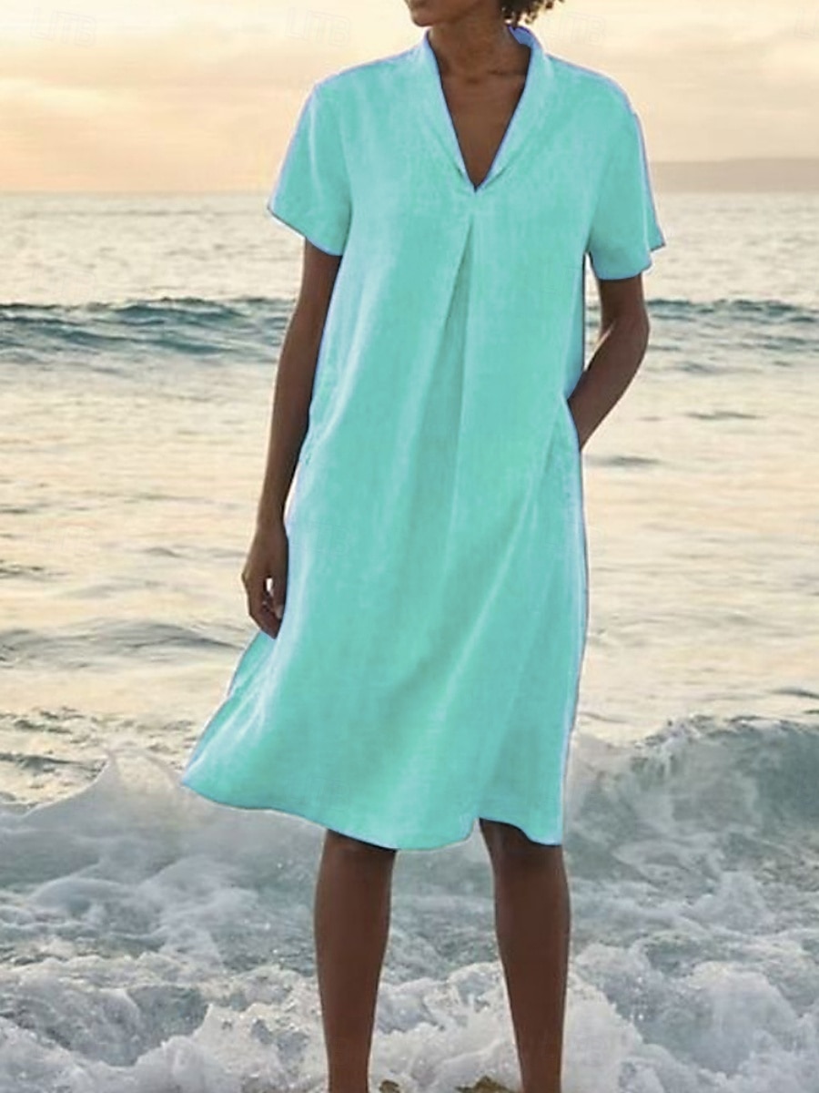 Mini-Kleid aus Baumwolle und Leinen für Damen, lässiges Sommerkleid, locker geschnitten, kurzärmelig, V-Ausschnitt, gelb, hellgrün, himmelblau, grün 2026 - $10.49 –P4
