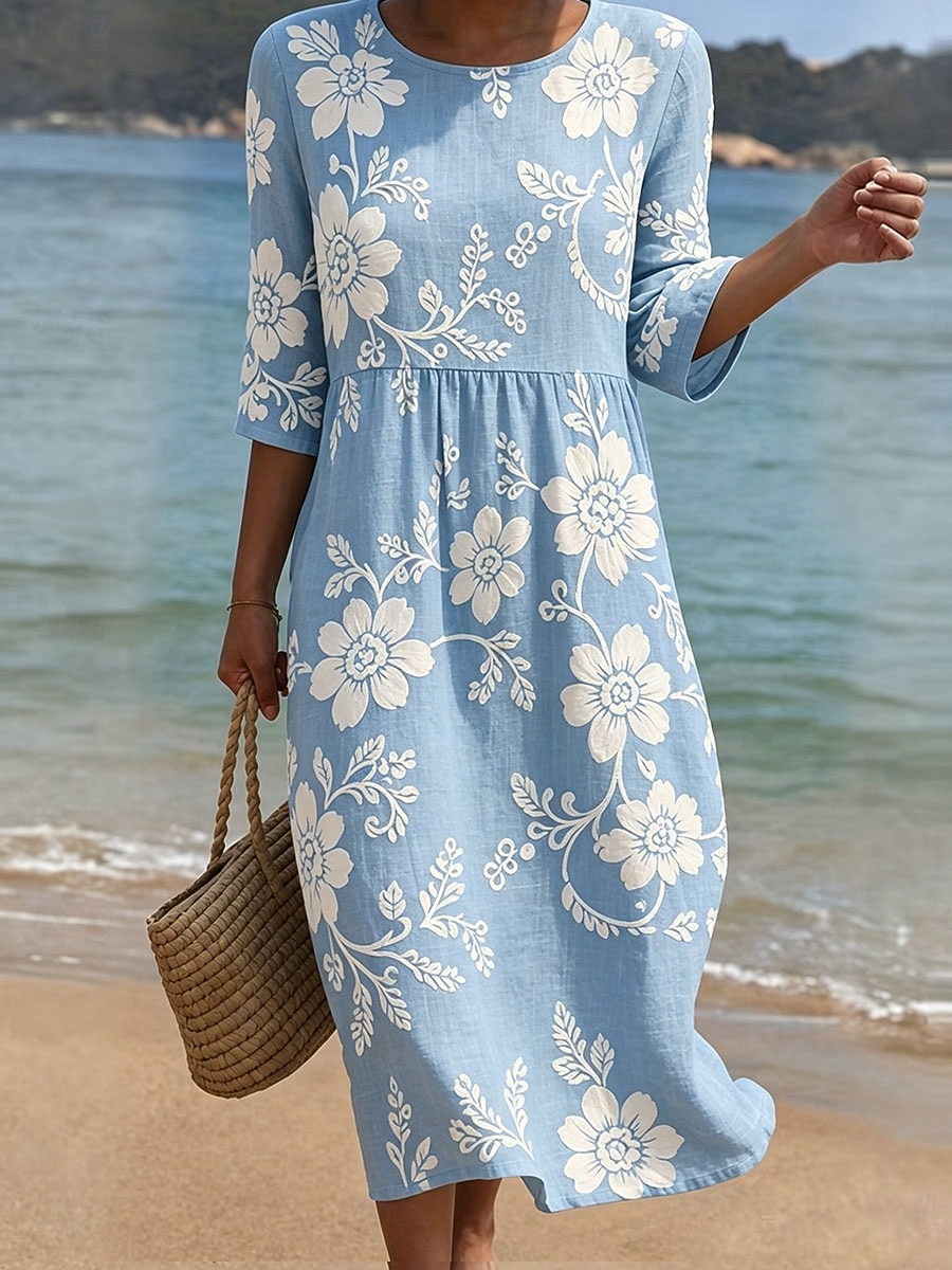Women's Midi Dress Sundress Summer Dress Vacation Casual Boho Holiday Regular Fit Floral Graphic 3/4 Length Sleeve Crew Neck Blue Pink Purple Green Summer Spring 2026 - $34.99 –P2