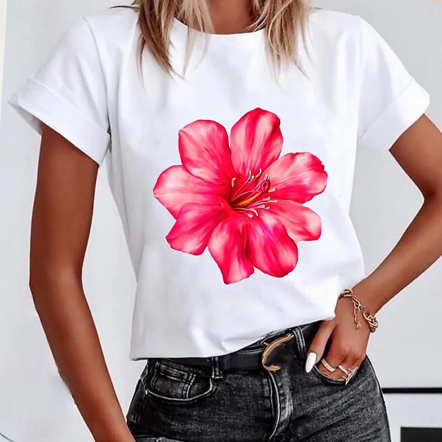 Women's T Shirt Print Floral Graphic Plants Vintage Stylish Classic Short Sleeve Crew Neck Round Neck Regular Tops Casual Daily Yellow Pink Red Summer Spring 2026 - $22.99 –P2