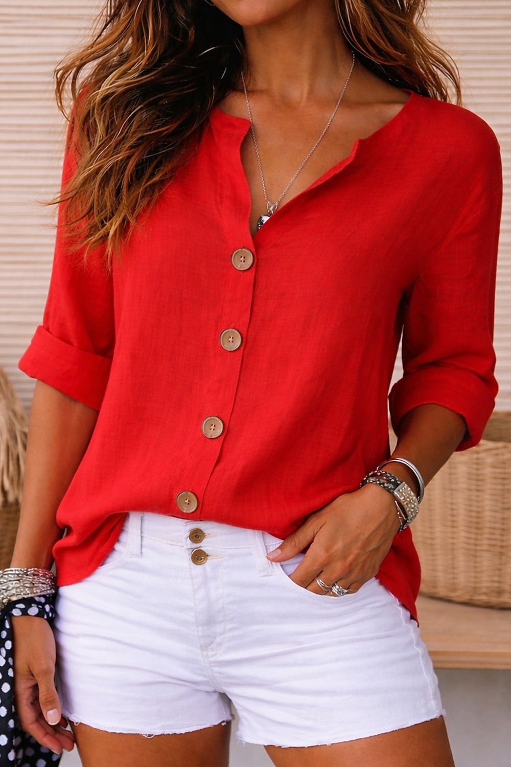 Blusa de mujer 100% algodón con botones, color liso, para uso diario informal, manga 3/4, cuello en V, tops regulares, para uso diario, negro, blanco, rojo, naranja, verde, verano, primavera, otoño 2026 - $27.99 –P4