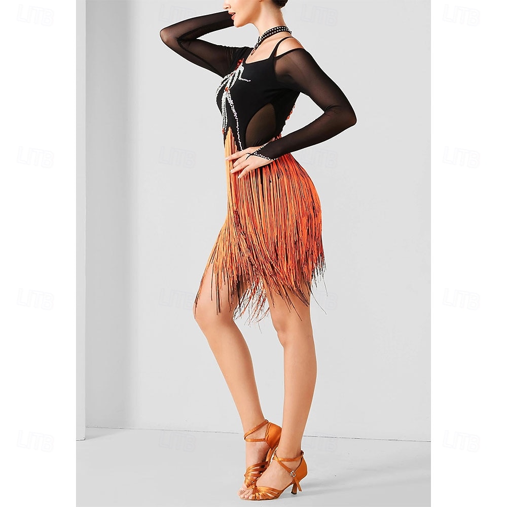 Women's Latin Dancewear - Black & Orange Rhinestone Mesh Long Sleeve Bodysuit with Rhythmic Tassel Hem for Performance 2026 - $280.69 –P1