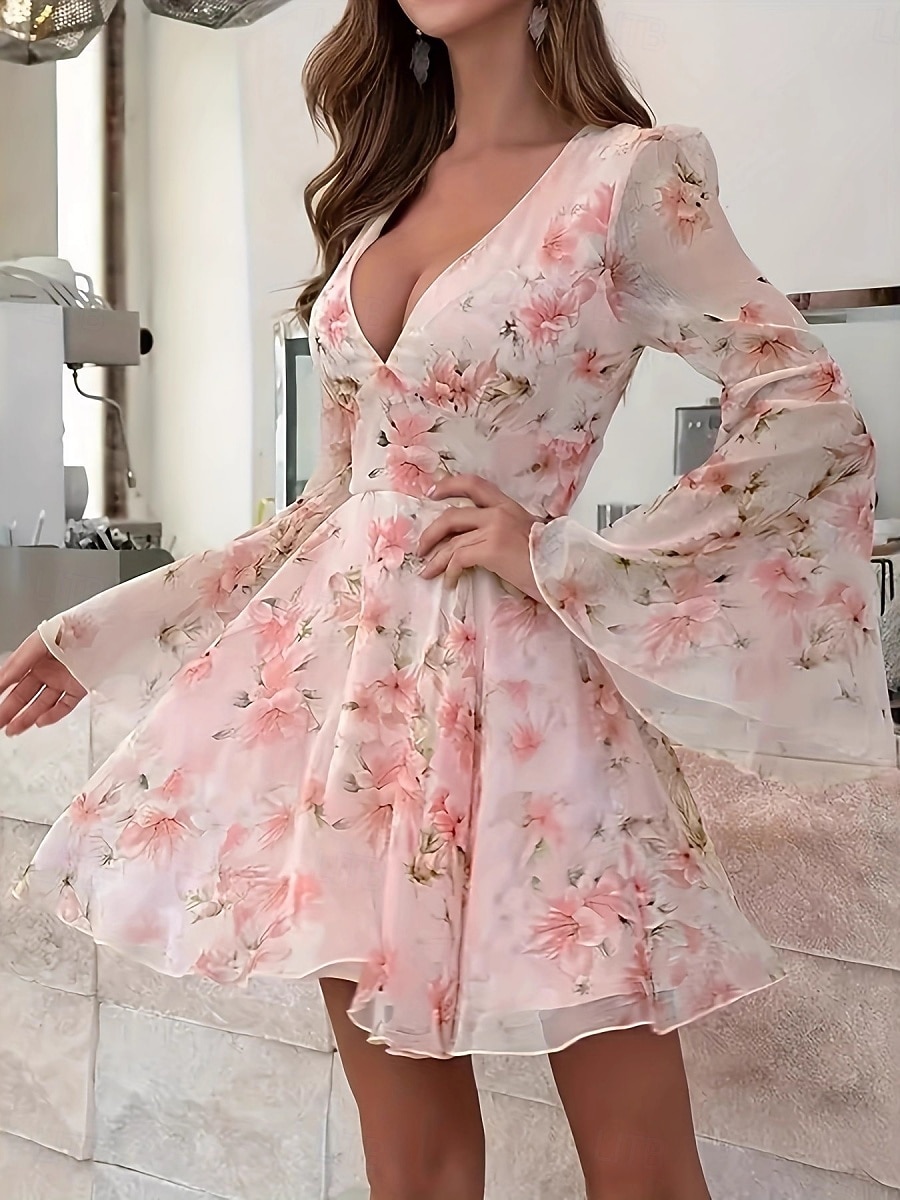 Women's Mini Dress Chiffon Dress Casual Dress Print Dress Elegant Fashion Modern Outdoor Vacation Going out Regular Fit Floral Long Sleeve V Neck Pink Summer Spring 2026 - $36.99 –P1