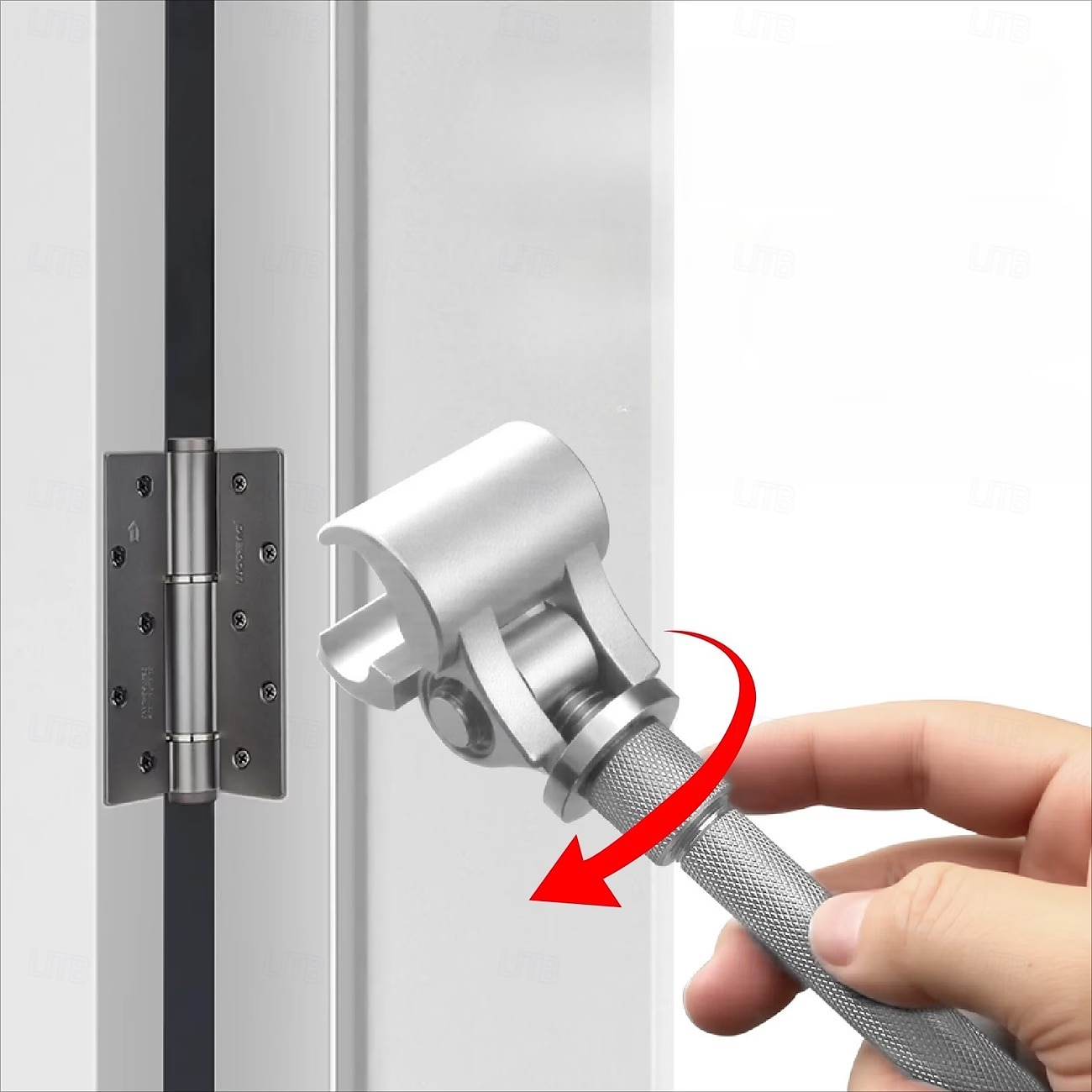 Door hinge adjustment wrench positioned on installed door hinge