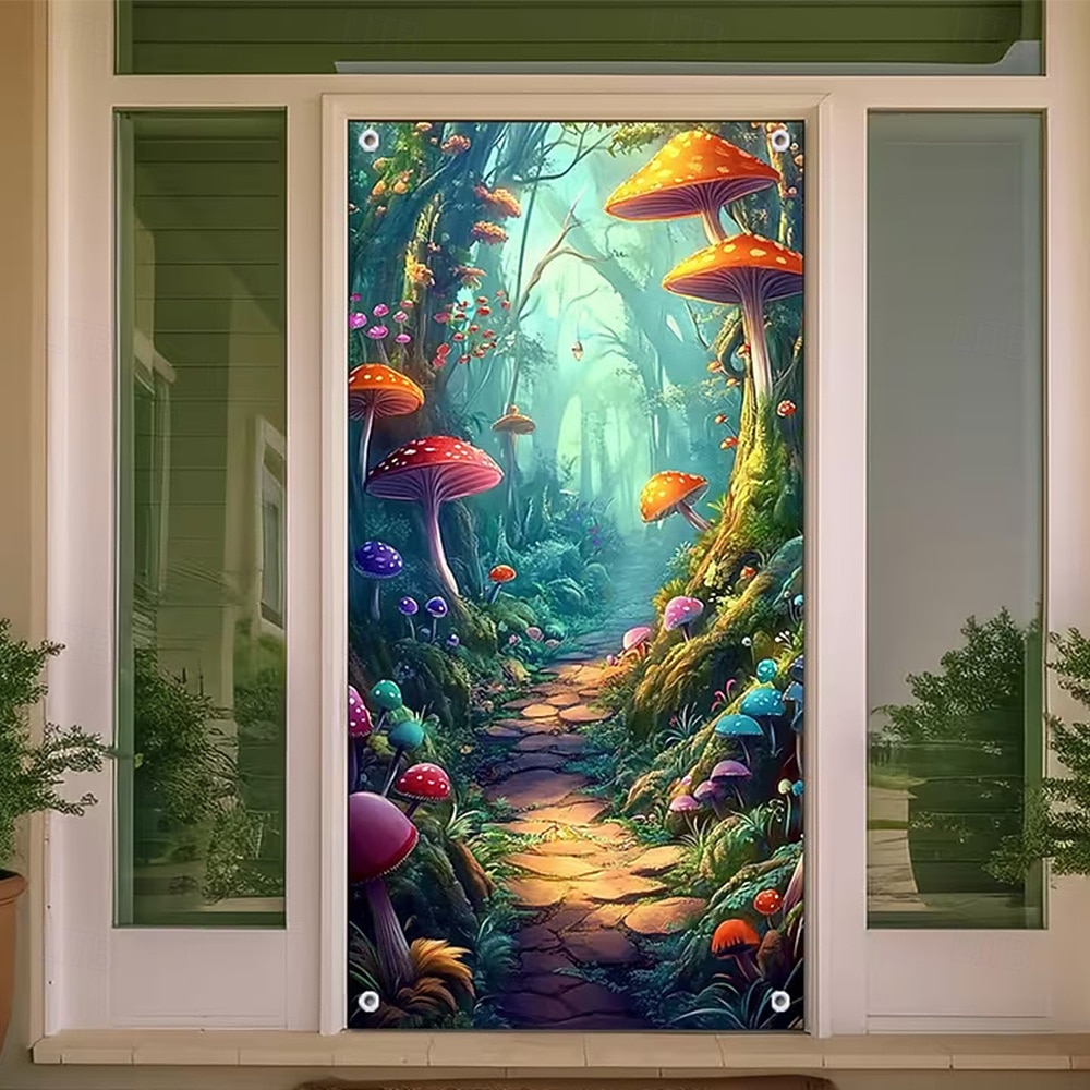 Fantasy Enchanted Forest Glowing Mushroom Door Banner Magic Fairytale Waterfall Nature Scenery Door Cover 3D Mystical Jungle Fireflies Wall Tapestry For Kids Room Bedroom Decor 2026 - $17.99 –P6