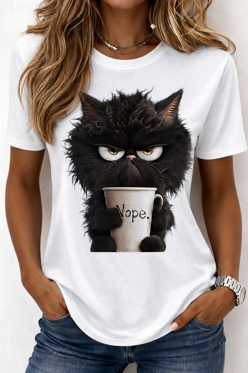 Per donna Maglietta Stampato Grafico Animale Gatto Vintage Elegante Classico Manica Corta Girocollo Top Regolari Casuale Quotidiano Weekend Bianco Caffè Bianco 2 Estate Primavera Autunno Inverno del 2026 a $21.99 –P1