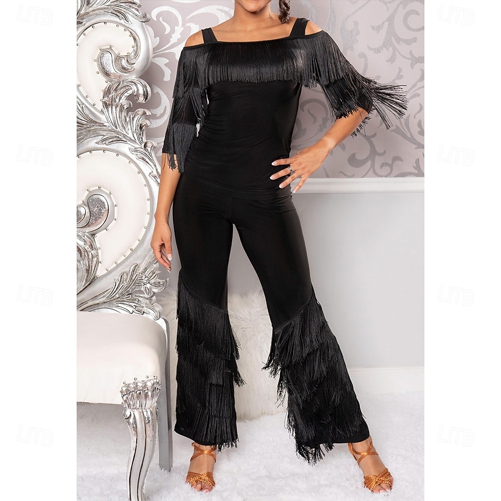 Women's Black Latin Fringe Pants - Multi-Layer Tassel Flare Trousers for Ballroom, Salsa & Performance 2026 - $73.99 –P3