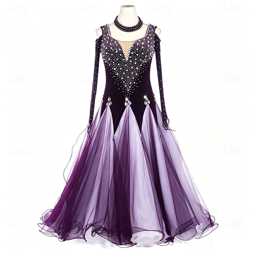 Ballroom Dance Dress Rhinestone Pleats Splicing Women's Party Training Performance Long Sleeve High Spandex Polyester 2026 - $460.39 –P1
