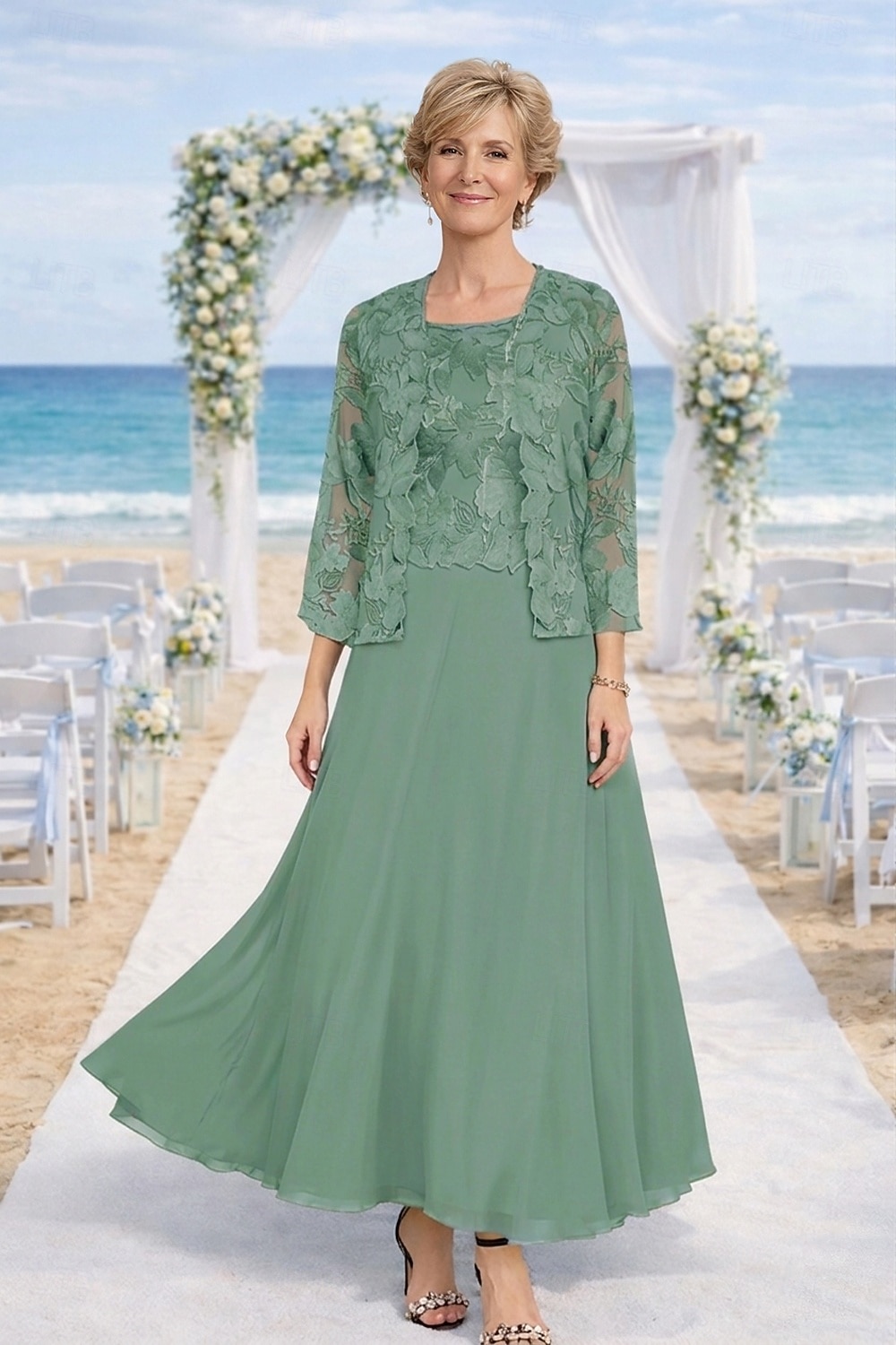 Zweiteilig Kleid-Sets Knöchellänge Kleid für Hochzeitsgäste Brautmutterkleid Langarm Rundhalsausschnitt Elegant Hochzeitsgast Kirche Chiffon mit Spitze Stickerei 2026 - $195.99 –P8