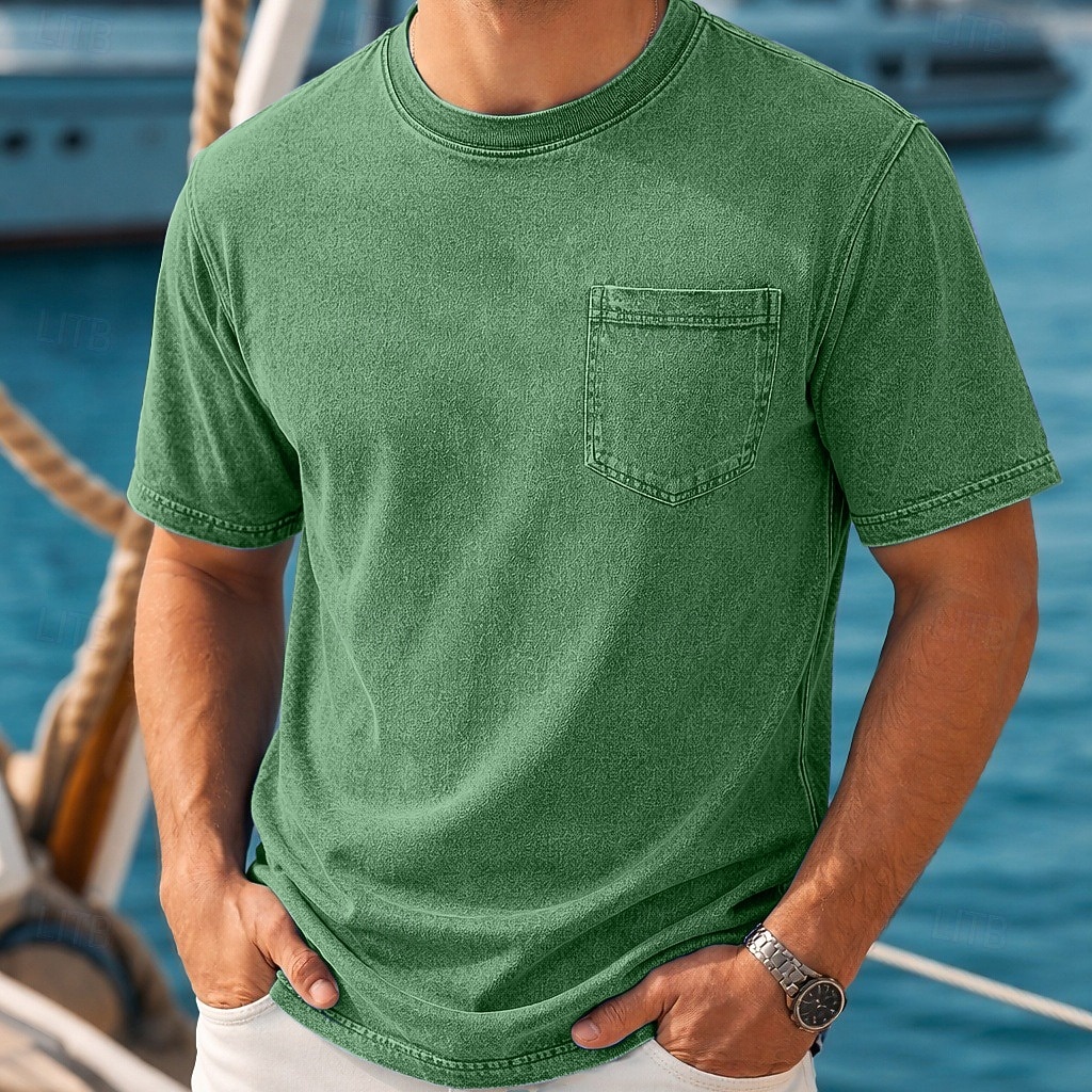 Bărbați Tricou Camasa de blugi Tricou din bumbac Cămașă spălată Mânecă scurtă Crewneck Vară Simplu Pit Strip Epocă Modă Designer Buzunar Stil Vintage Decolorat Casual Vacanță Stradă Albastru Deschis 2026 - $31.99 –P10