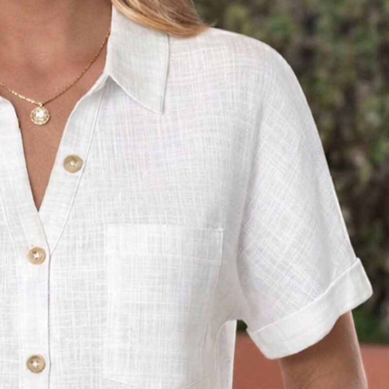 Camicia da donna in 100% cotone camicie di lino camicia da spiaggia camicia con bottoni patchwork taschino di colore solidale semplice vacanza moda casual a maniche corte colletto ribaltabile top del 2026 a $32.99 –P7