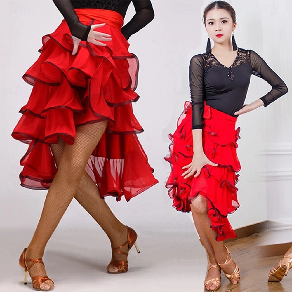 gonna da ballo latino-americano rossa da donna, a strati con volant, modello asimmetrico, gonna da allenamento per balli da sala del 2026 a $84.99 –P5