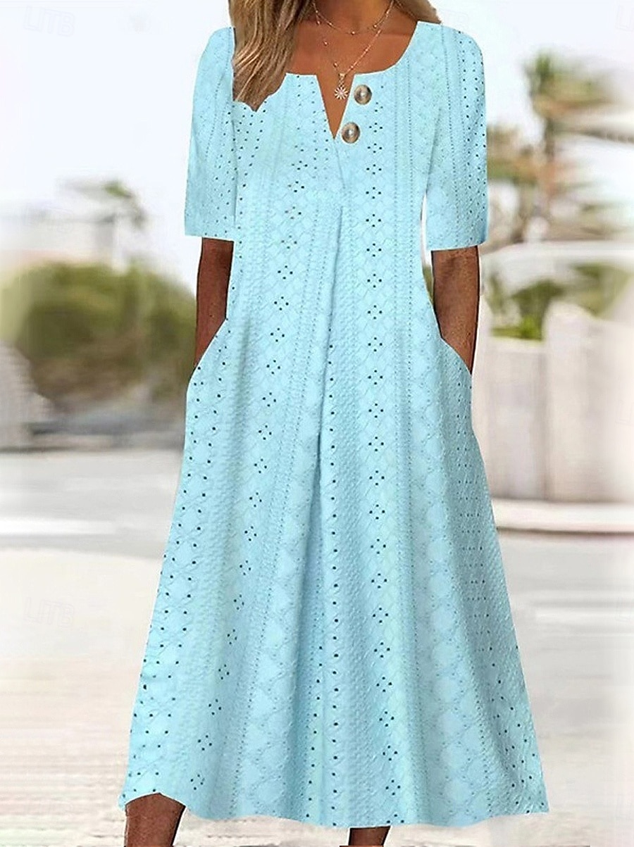 Dames Halflange jurk Zomerjurk Jurk met oogjes Modieus Modern Strand Vakantie Feestdagen Ruim Passend Effen Halve mouw V-hals blauw Zomer Lente 2026 - $28.99 –P1