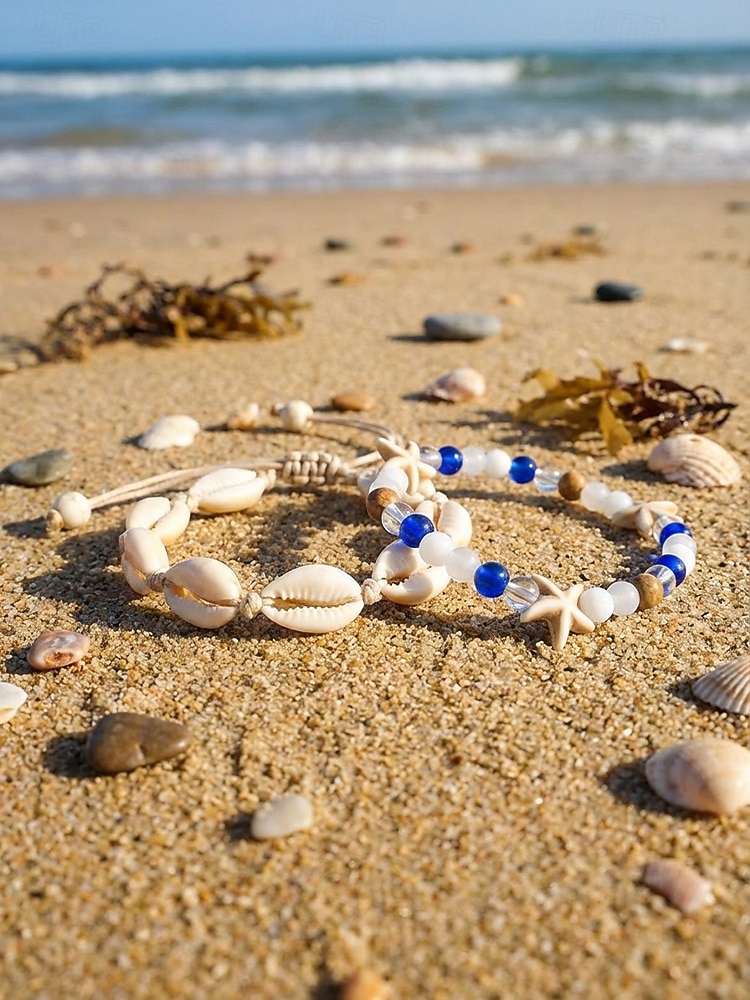 Женский богемный браслет на лодыжку из ракушек с подвесками в виде звезд, двухслойный, регулируемая длина, идеально подходит для пляжного отдыха, повседневной носки и летних аксессуаров. 2026 - $7.99 –P4