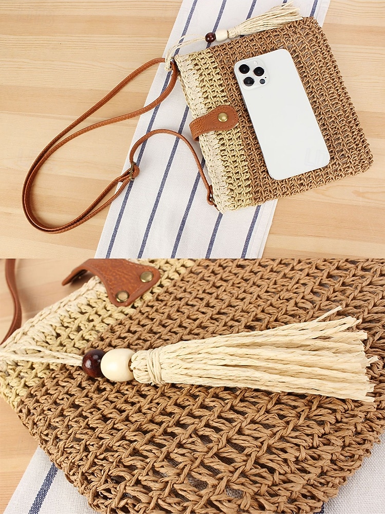 Женская богемная соломенная сумка с кисточкой, регулируемым плечевым ремнем, два цвета (белый и хаки), легкая плетеная пляжная сумка, идеально подходит для отдыха, повседневной носки и летних прогулок. 2026 - $18.99 –P7