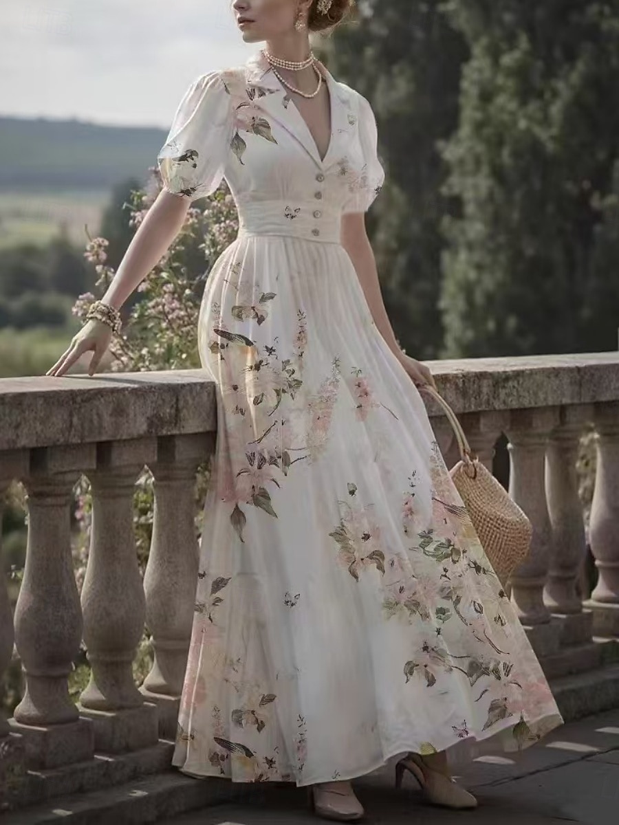 Mulheres Vestido Longo Vestido A Line Casual Ao ar livre Para Noite Normal Floral Manga Curta Decote V Rosa Roxo Damasco Verão Primavera de 2026 por $43.99 –P1