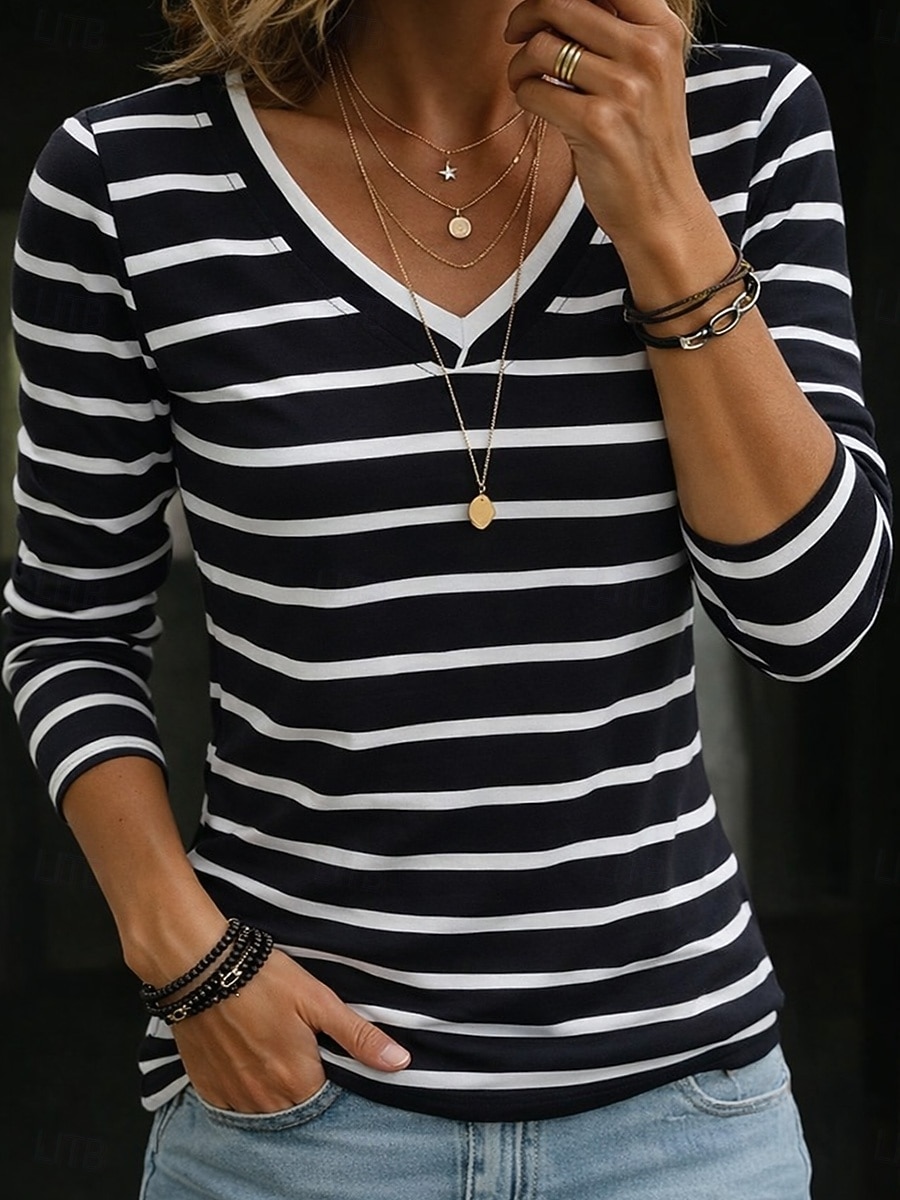 Mujer Camiseta A Rayas A Rayas Elegante Clásico Manga Larga Escote en Pico Tops regulares Casual Negro Blanco Primavera 2026 - $21.99 –P2