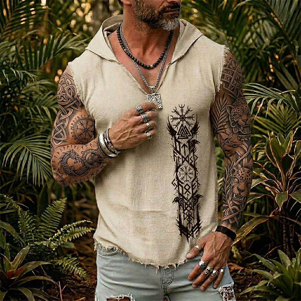 Chaleco sin mangas con capucha para hombre, estampado de vegvisir valknut, runas nórdicas, cuervo, guerrero vikingo, estilo boho, algodón y lino, bajo deshilachado, corte holgado, ideal para verano, 2026 - $19.99 –P1