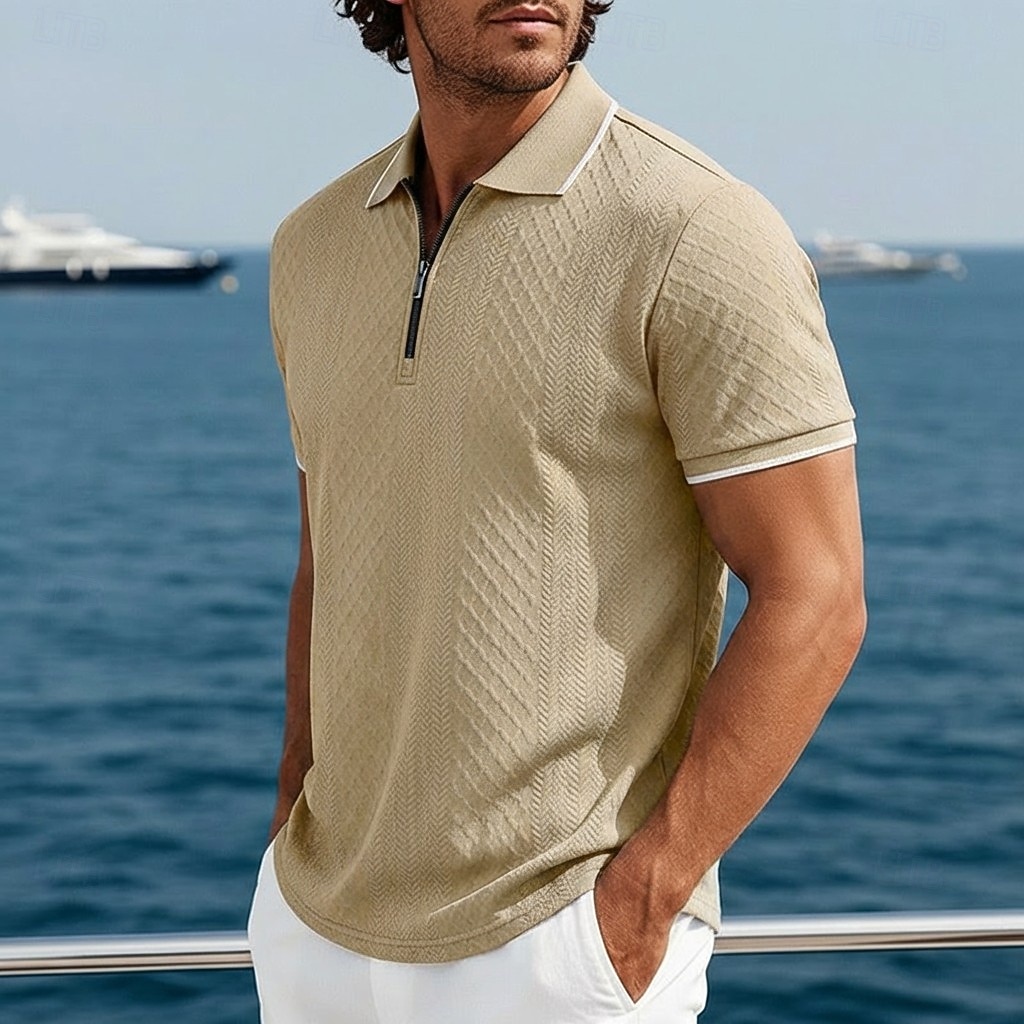 Hombre polo con cremallera Con Texturas Casual Festivos Diseño Cremallera de un cuarto Manga Corta Moda Básico Plano Jacquard Cremallera de un cuarto Primavera verano Verano Primavera Ajuste regular 2026 - $22.99 –P1
