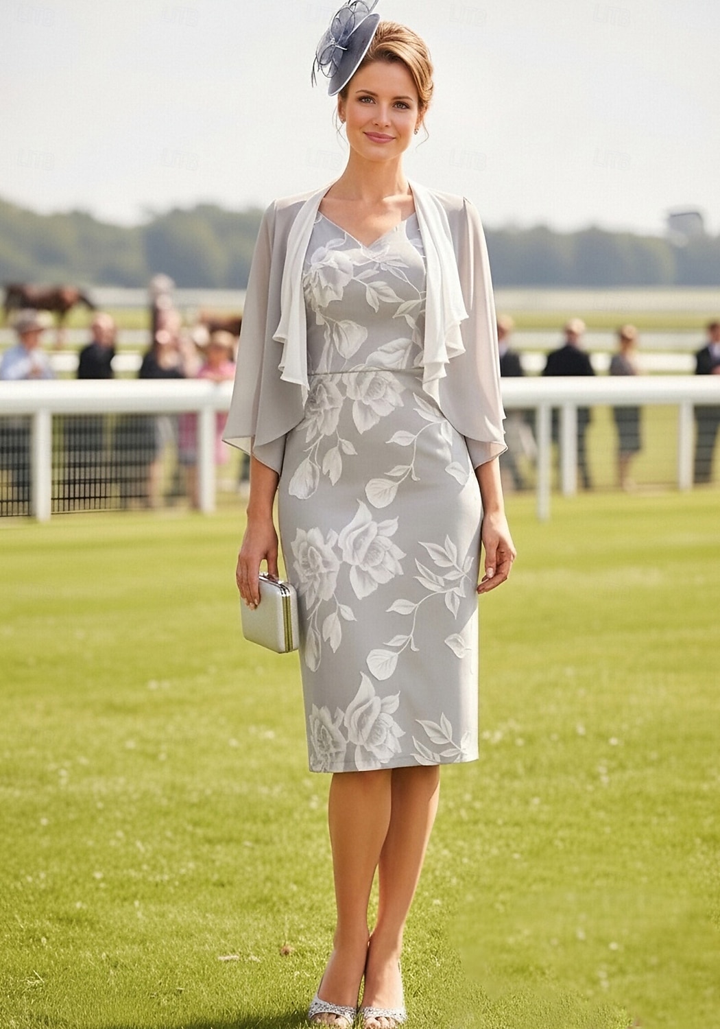 Two Piece Sheath Column Tea Length Wedding Guest Dress Mother of the Bride Dress 3/4 Length Sleeve V Neck Elegant Vintage Formal Wedding Guest Chiffon Lace Jacket Dresses with Lace Cascading Ruffles 2026 - €175.49 –P1