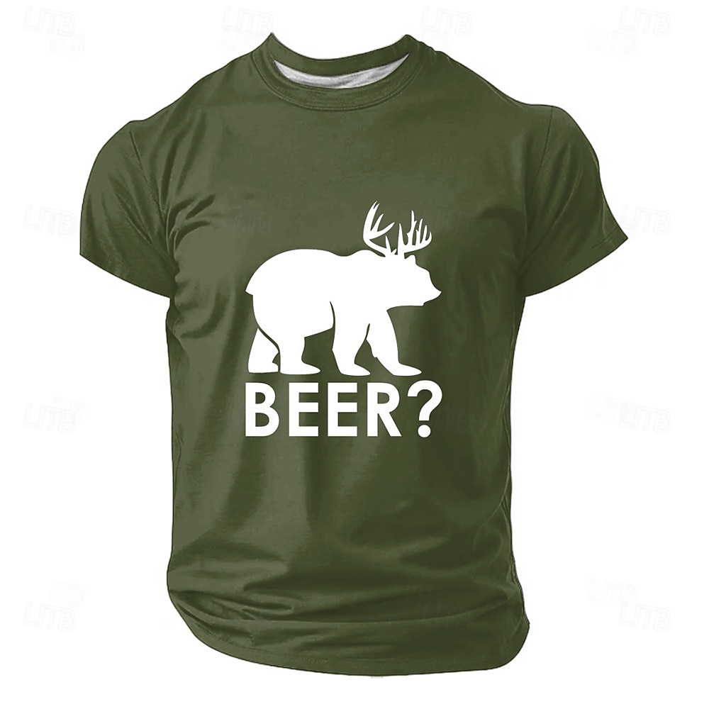 Camiseta masculina com estampa de urso cervejeiro e chifres de veado, silhueta engraçada e humorística, estilo minimalista, modelagem regular, casual, para bares, festas e camping, ideal para de 2026 por $18.99 –P1