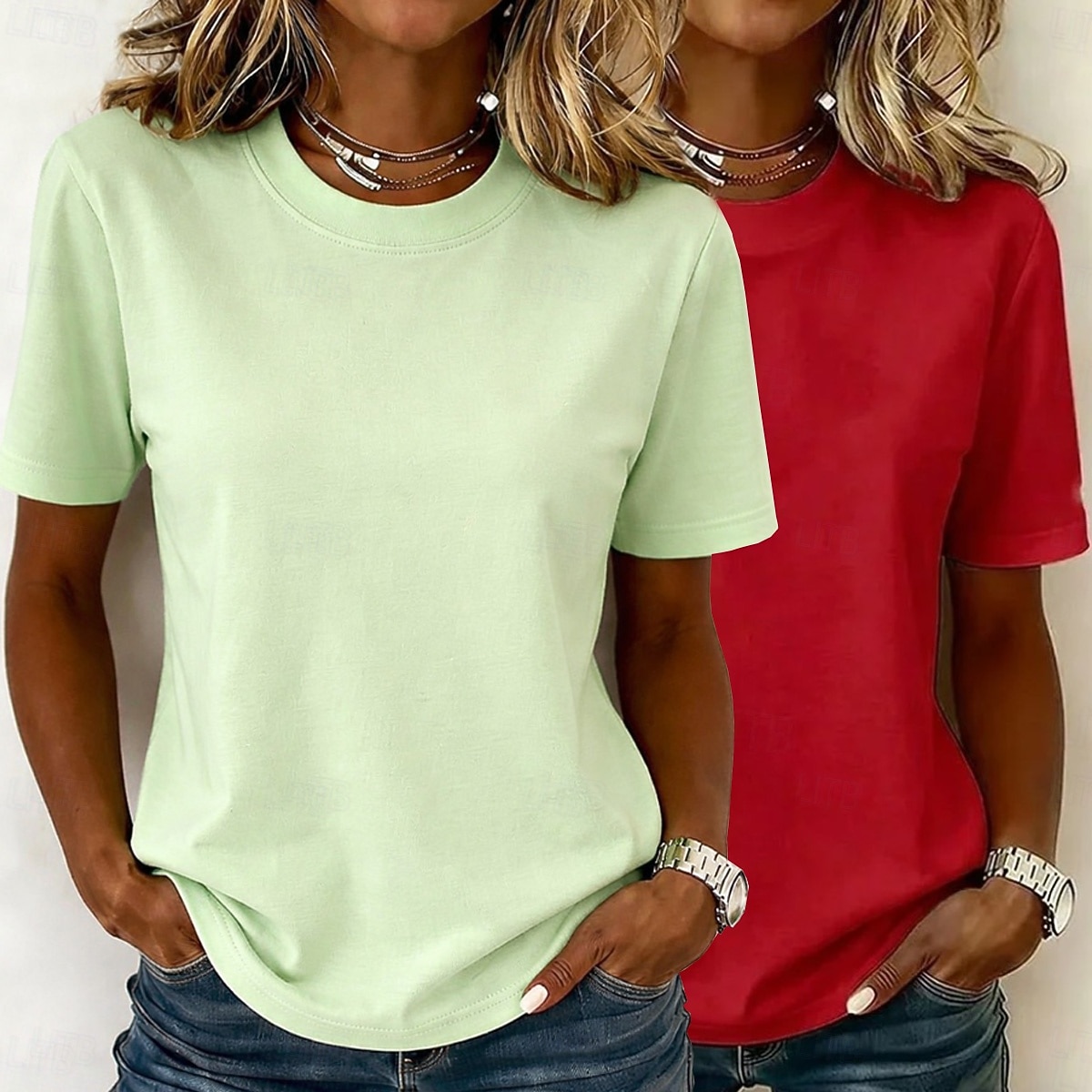 Kvinners 100% bomull T-skjorte basic klassisk moderne kortermet rund hals vanlige topper casual daglig utgang svart/rød hvit+rosa hvit/svart grønn/blå hvit+orange sommer vår 2026 - $10.49 –P17