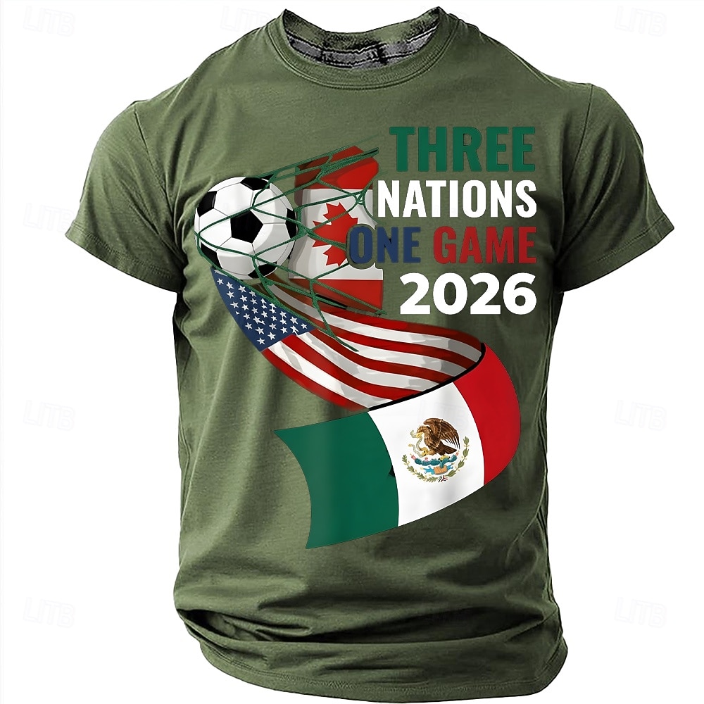 Coppa di calcio 2026, tre nazioni, partita unica 2026, USA, Canada, Messico, pallone da calcio, porta, rete, Nord America, torneo di calcio, maglietta sportiva per tifosi, grafica, vestibilità del 2026 a $19.99 –P7