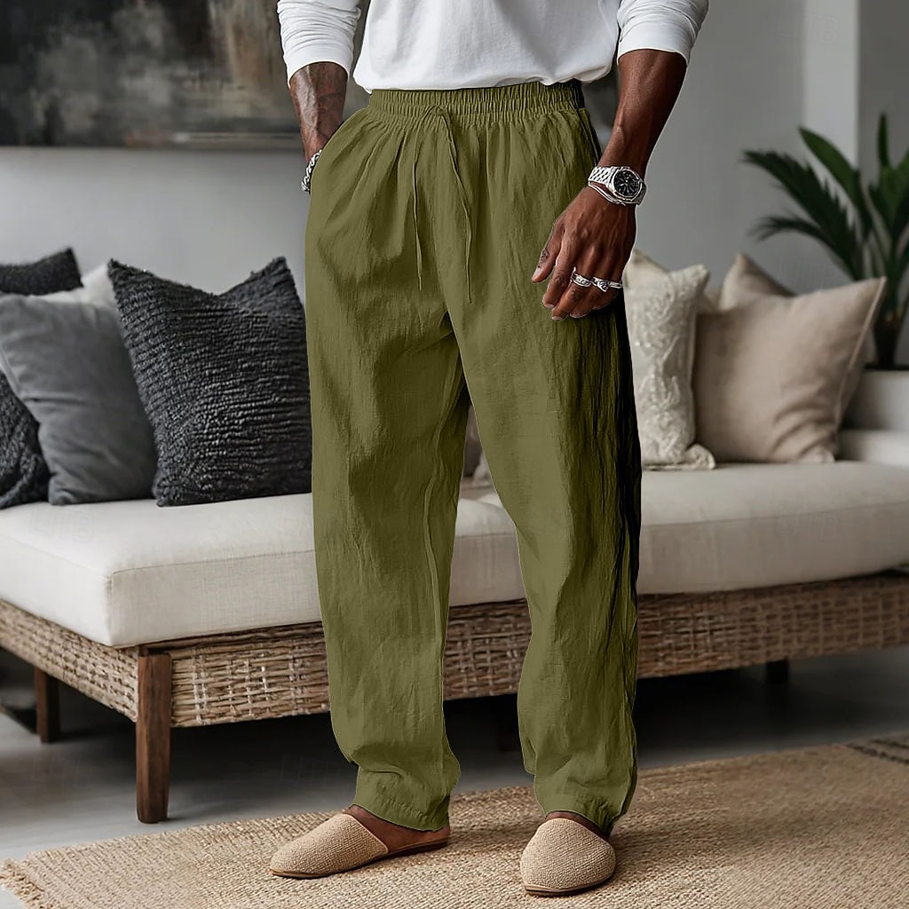 Hombre Pantalones de lino Pantalones Pantalones de verano Pantalones anchos Pantalones de playa Correa Bolsillo Plano Comodidad Transpirable Longitud total Diario Hogar Trabajo Vacaciones Elegante 2026 - $24.99 –P10