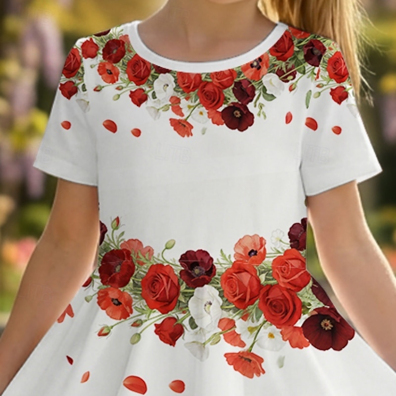 Girls' 3D Floral Graphic Dress Short Sleeve 3D Print Summer Spring Daily Vacation Party Cute Basic Casual Kids 4-12 Years Casual Dress A Line Dress Knee-length Regular Fit 2026 - $10.99 –P4