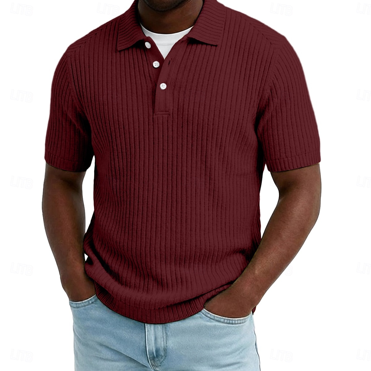 Herren Rippenstrick-Top Textur Lässig Arbeit Revers Gerippter Polokragen Kurzarm Basic Modern Farbblock Knöpfe Gestrickt Frühling & Sommer Sommer Frühling Normale Passform Blau Weiß Gelb Burgunderrot 2026 - $24.99 –P9