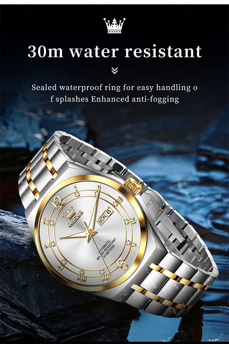 Men's Automatic Watch - Luxury Two-Tone Gold Stainless Steel Business Self Winding Wristwatch with Day Date, Waterproof Luminous Analog Dress Watch, Elegant Present for Husband Dad Son 2026 - $98.99 –P6