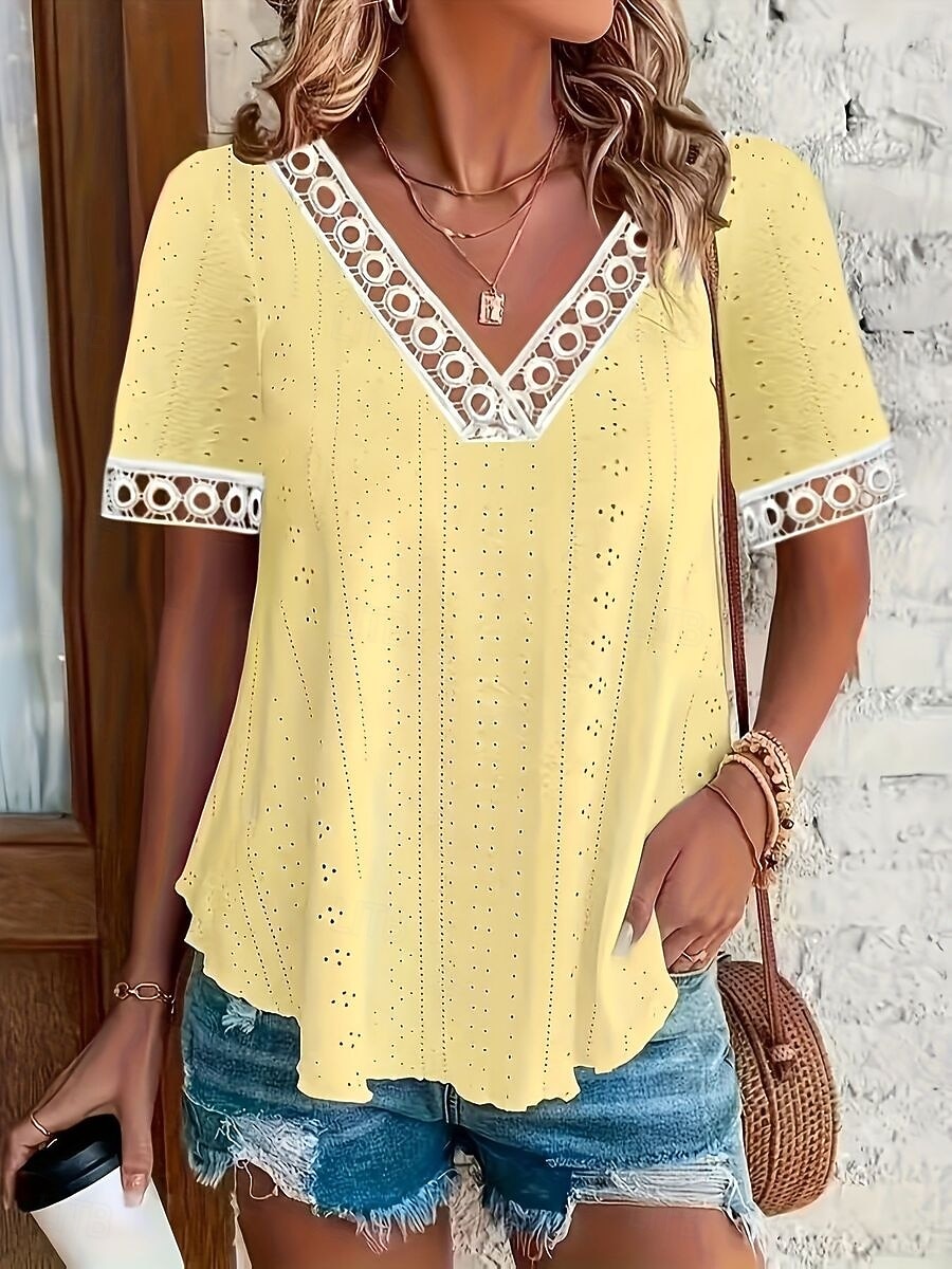 Per donna Top traforato Maglietta traforata Maglietta Testurizzato Elegante Classico Manica Corta Scollo a V Top Regolari Casuale Spiaggia Bianco Giallo Rosa Estate del 2026 a $25.99 –P7